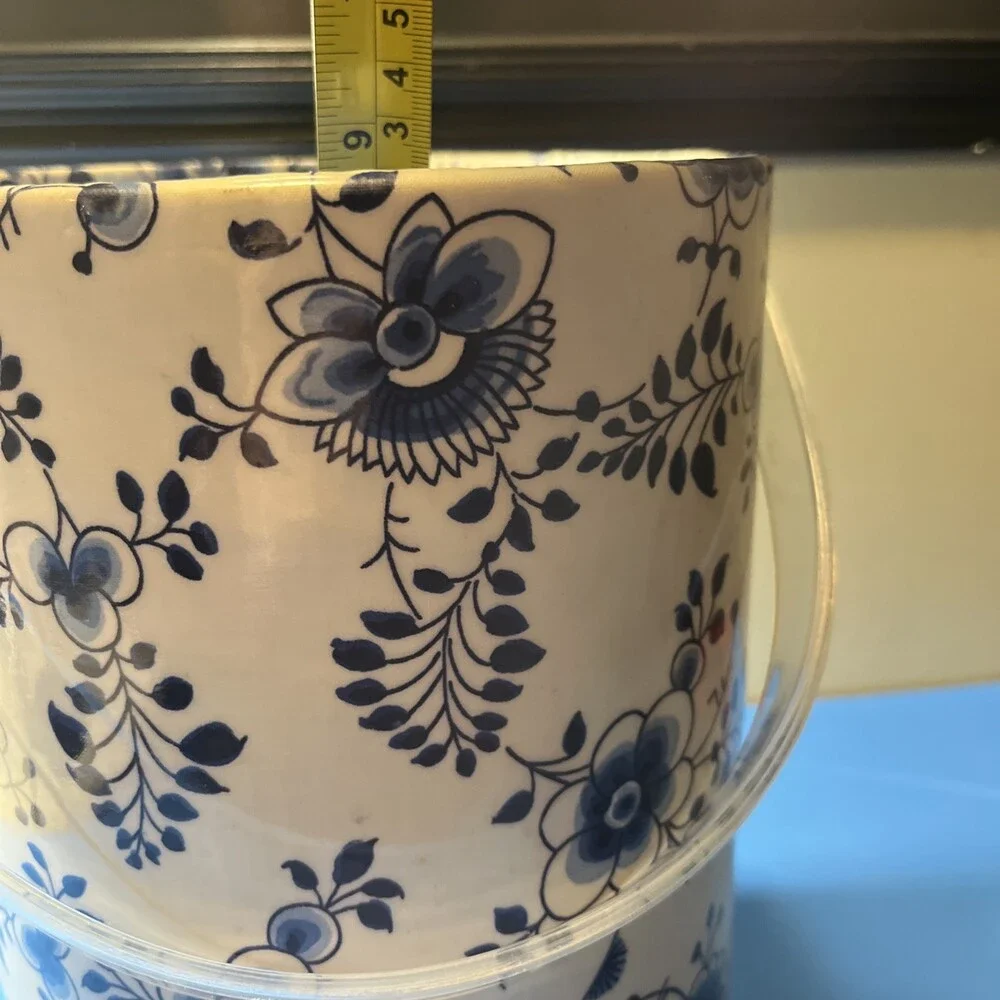 Vintage Tall White & Blue Floral Ice Bucket , Delft Blue
